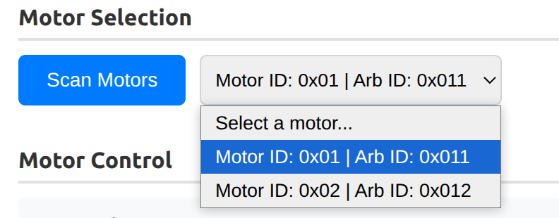 Motor Selection – Scan Motors and motor dropdown (Motor ID | Arb ID)